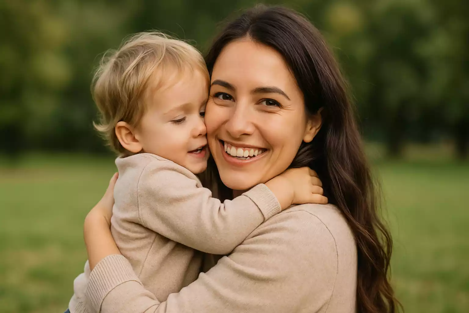 Mom smiling with child, symbolizing happiness post-cosmetic enhancements.